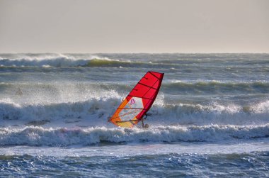 İtalya, Sicilya, Akdeniz, Marina di Ragusa (Ragusa Eyaleti); denizdeki rüzgar sörfçüsü 