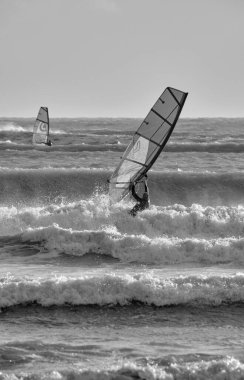 İtalya, Sicilya, Akdeniz, Marina di Ragusa (Ragusa Eyaleti); denizde rüzgar sörfçüleri 