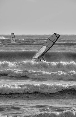 İtalya, Sicilya, Akdeniz, Marina di Ragusa (Ragusa Eyaleti); denizde rüzgar sörfçüleri 