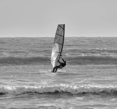 İtalya, Sicilya, Akdeniz, Marina di Ragusa (Ragusa Eyaleti); denizdeki rüzgar sörfçüsü 