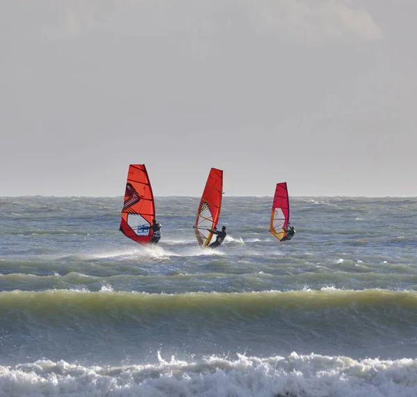 İtalya, Sicilya, Akdeniz, Marina di Ragusa (Ragusa ili); 7 Aralık 2021, denizde rüzgar sörfçüleri - EDITORIAL