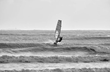 İtalya, Sicilya, Akdeniz, Marina di Ragusa (Ragusa Eyaleti); denizdeki rüzgar sörfçüsü 