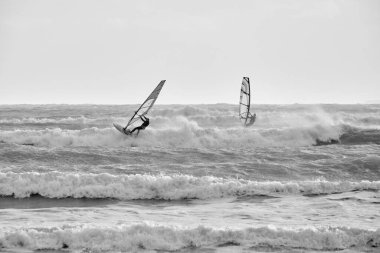 İtalya, Sicilya, Akdeniz, Marina di Ragusa (Ragusa Eyaleti); denizde rüzgar sörfçüleri 