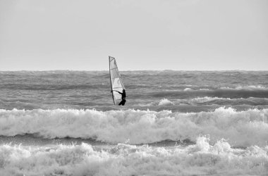 İtalya, Sicilya, Akdeniz, Marina di Ragusa (Ragusa Eyaleti); denizdeki rüzgar sörfçüsü 