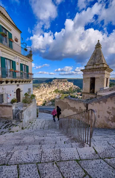 Italy Sicily Ragusa Ibla Panoramic View Baroque Town People — стоковое фото