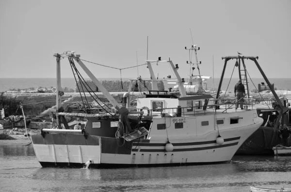 イタリア シチリア島 スコグリッティ ラグーザ州 港の地元の木製漁船の漁師 — ストック写真