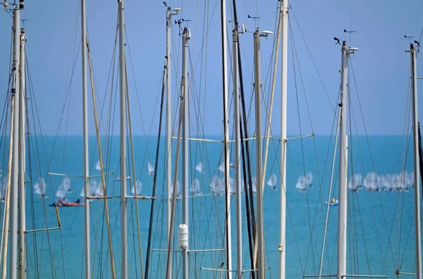 意大利 西西里 地中海 拉古萨码头 帆船桅杆在码头和帆船比赛 — 图库照片
