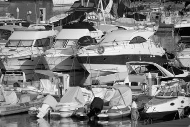 Italy, Sicily, Mediterranean sea, Marina di Ragusa (Ragusa Province); 11 August 2022, motor boats and luxury yachts in the port - EDITORIAL