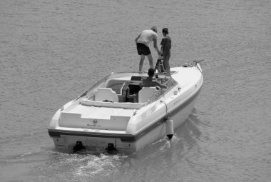 Italy, Sicily, Mediterranean Sea, Marina di Ragusa (Ragusa Province); 22 August 2022, people on a luxury yacht in the port - EDITORIAL