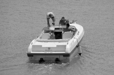 Italy, Sicily, Mediterranean Sea, Marina di Ragusa (Ragusa Province); 22 August 2022, people on a luxury yacht in the port - EDITORIAL