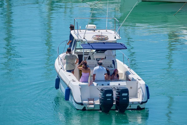 Italy, Sicily, Mediterranean Sea, Marina di Ragusa (Ragusa Province); 25 August 2022, people on a luxury yacht in the port - EDITORIAL