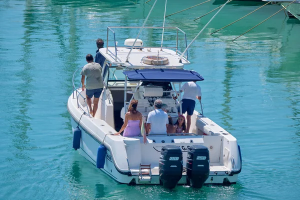 Italy, Sicily, Mediterranean Sea, Marina di Ragusa (Ragusa Province); 25 August 2022, people on a luxury yacht in the port - EDITORIAL