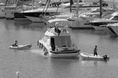 Italy, Sicily, Mediterranean Sea, Marina di Ragusa (Ragusa Province); 5 September 2022, view of a luxury yacht in the port - EDITORIAL