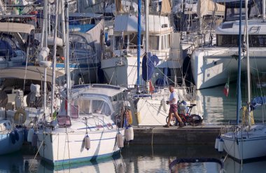 İtalya, Sicilya, Akdeniz, Marina di Ragusa (Ragusa Eyaleti); 7 Ekim 2022, limanda köpek ve lüks yatları olan adam - EDITORIAL