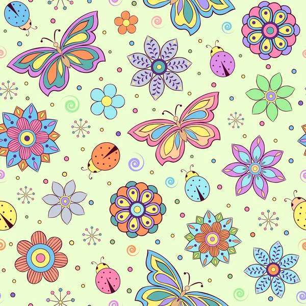 色とりどりの花、蝶、てんとう虫 — ストックベクタ