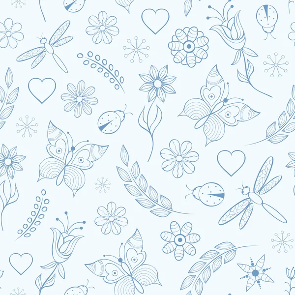 Muster mit abstrakten bunten Blumen, Schmetterlingen, Libellen — Stockvektor