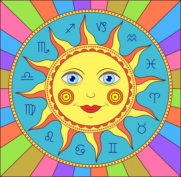 Abstrakt solen med zodiakens tecken — Stock vektor