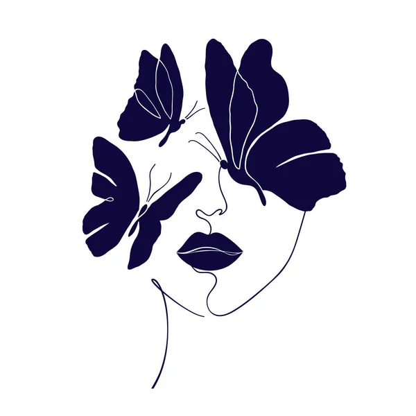 Visage féminin avec des papillons noirs — Image vectorielle