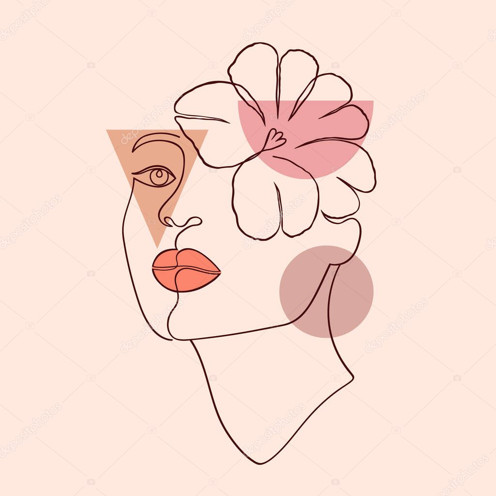 Modern poster with female face and geometric shapes.