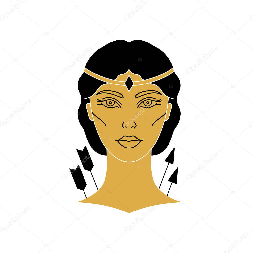 Greek goddess Artemis on white background. Icon in line art style.