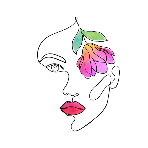 Visage Femme Minimal Avec Fleur Aquarelle Illustration Créative Dans Style — Image vectorielle