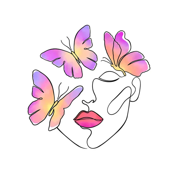 Minimal Visage Femme Avec Des Papillons Illustration Créative Dans Style — Image vectorielle