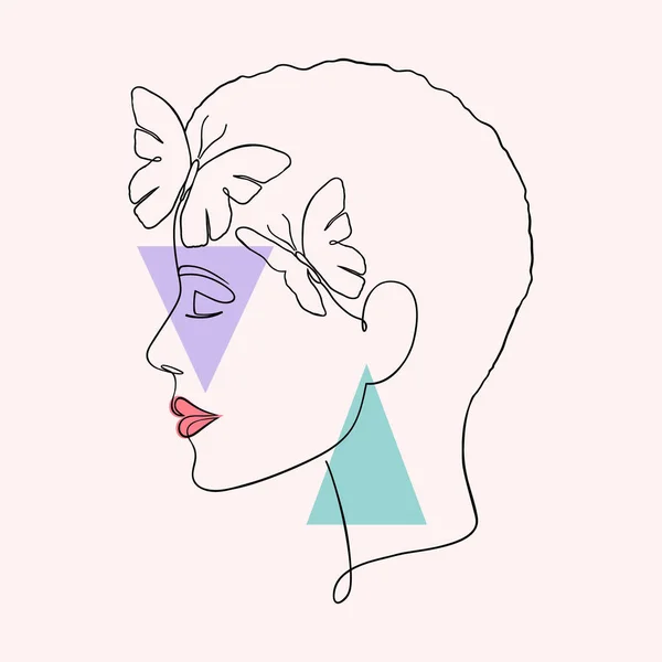 Minimal Visage Femme Avec Des Papillons Illustration Créative Dans Style — Image vectorielle