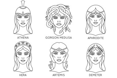 Collection of greek goddess in line art style on white background. clipart
