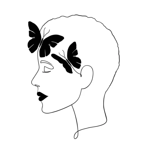 Minimális Női Arc Pillangókkal Kreatív Illusztráció Line Art Stílusban — Stock Vector