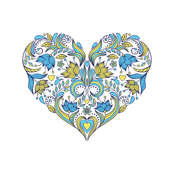 Floral Heart Doodle Style Yellow Blue Colors Flag Ukraine — Vettoriale Stock