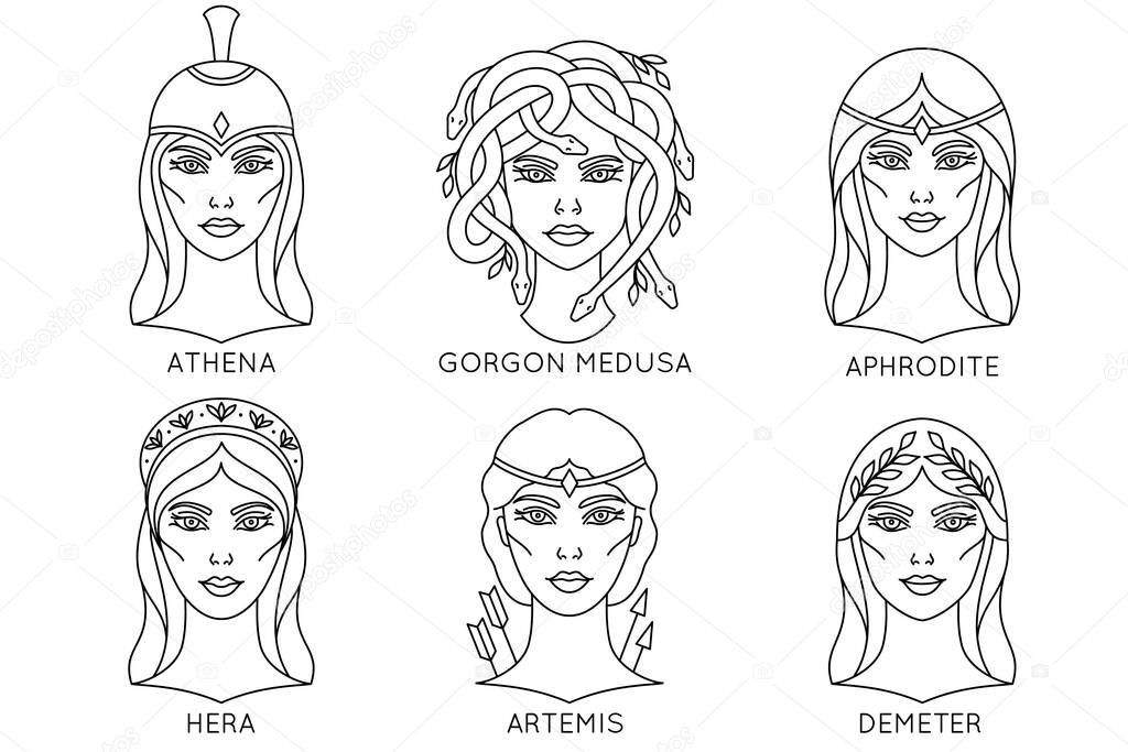 Collection of greek goddess in line art style on white background.