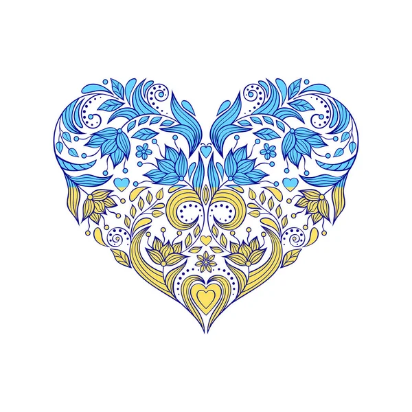 Floral Heart Doodle Style Yellow Blue Colors Flag Ukraine — Image vectorielle