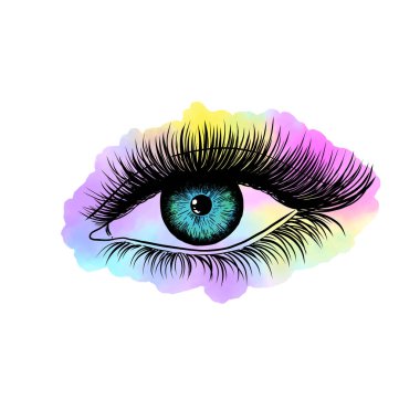 Hand drawn female eye with colorful splash isolated on white background.