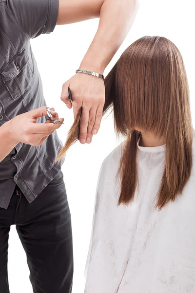 Coiffeur professionnel avec modèle de cheveux longs — Photo