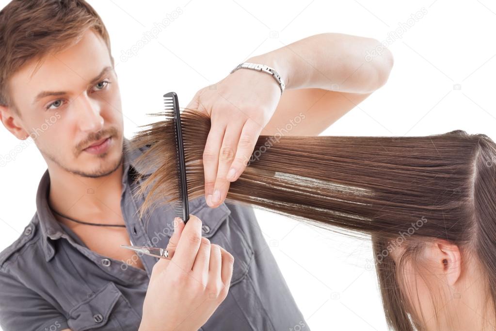 Professional hairdresser with long hair model