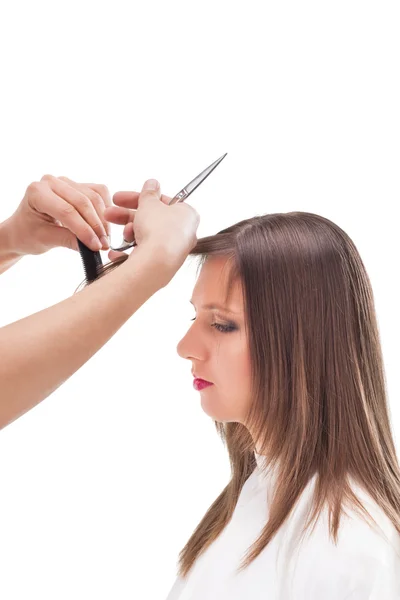 Coiffeur professionnel avec modèle de cheveux longs — Photo