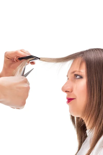 Coiffeur professionnel avec modèle de cheveux longs — Photo