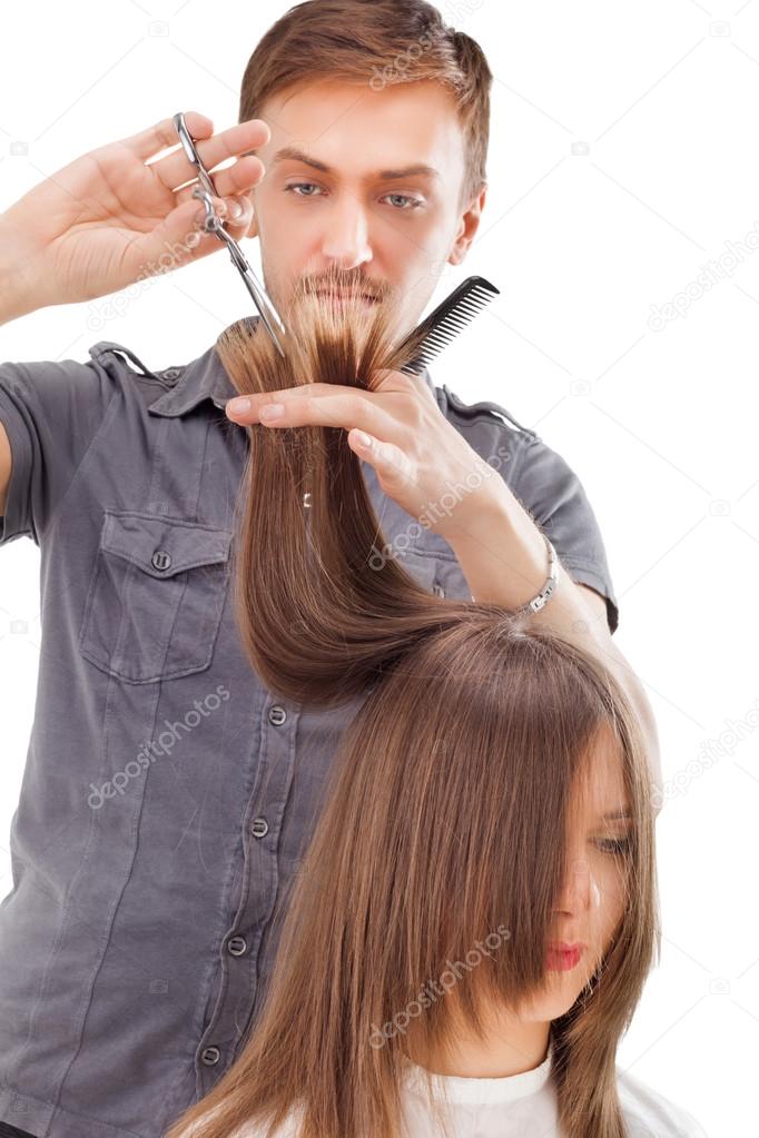 Professional hairdresser with long hair model