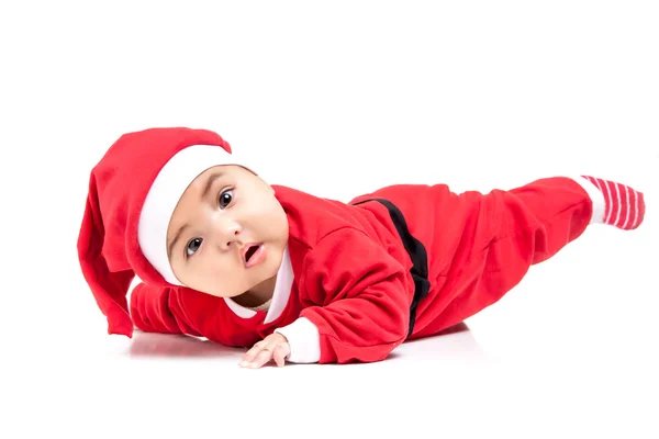 Little baby girl in red Christmas clothes. — Stock Photo, Image