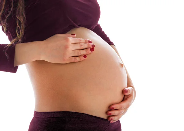 Έγκυος Κοιλιά Στο Τρίτο Τρίμηνο Απομονωμένα Λευκό Φόντο — Φωτογραφία Αρχείου