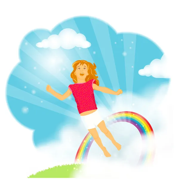 Petite fille volant dans les nuages — Image vectorielle