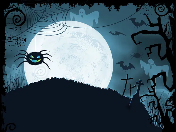 Blue Halloween background with scary spider — Stock Vector