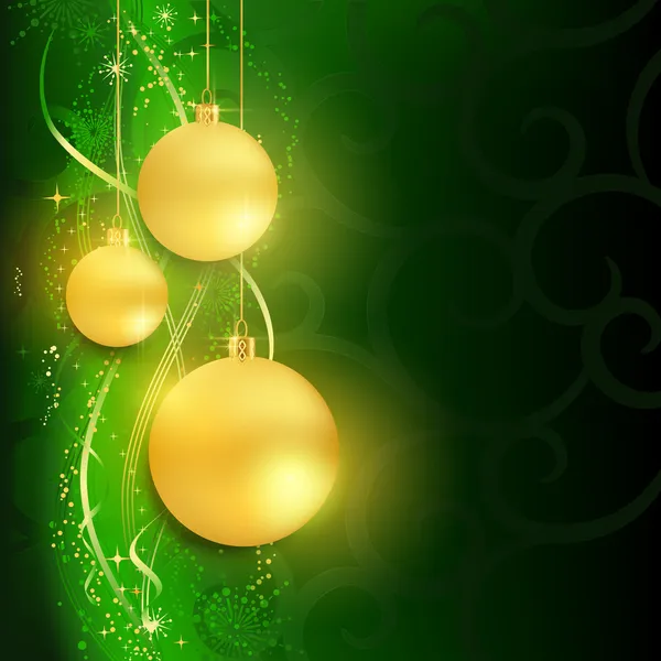 Golden baubles on dark green background — Stock Vector