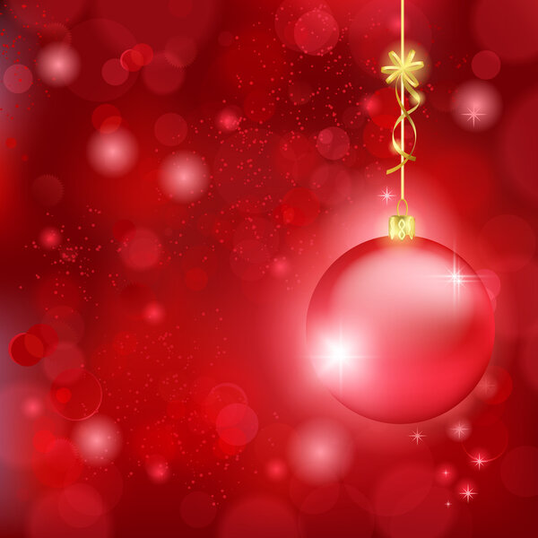 Beautiful red Christmas background with bauble and golden bow