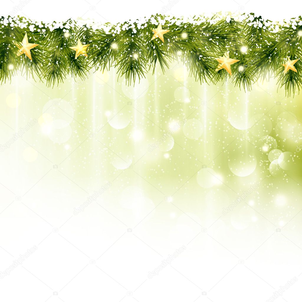 Border of fir twigs with golden stars in soft light green background