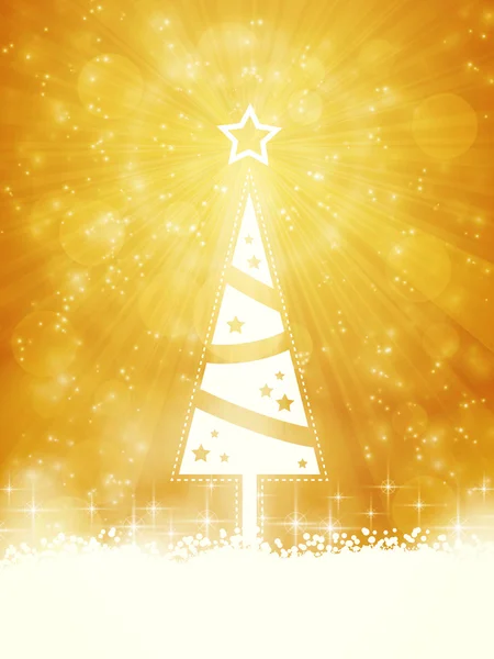 Weiß glänzender Weihnachtsbaum auf glitzerndem goldenem Hintergrund — Stockvektor