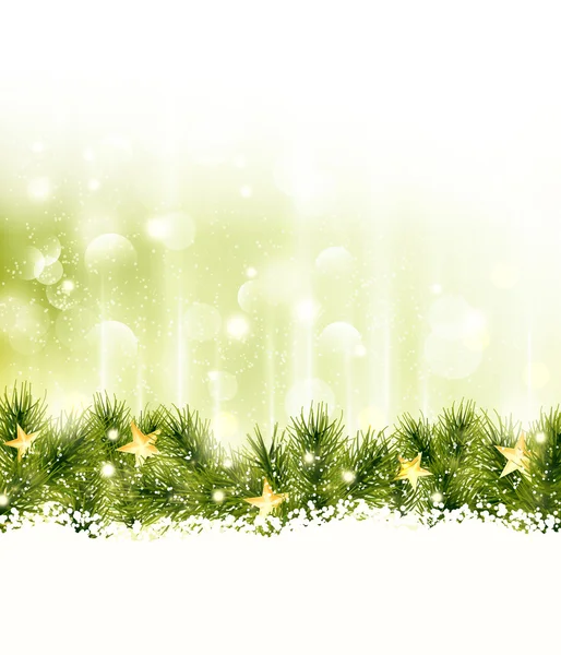 Border of fir twigs with golden stars in soft light green background — Stock Vector