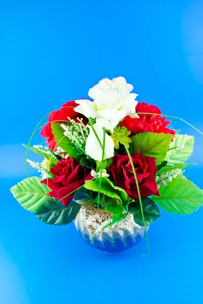 Çiçek vazo mavi arka planda — Stok fotoğraf