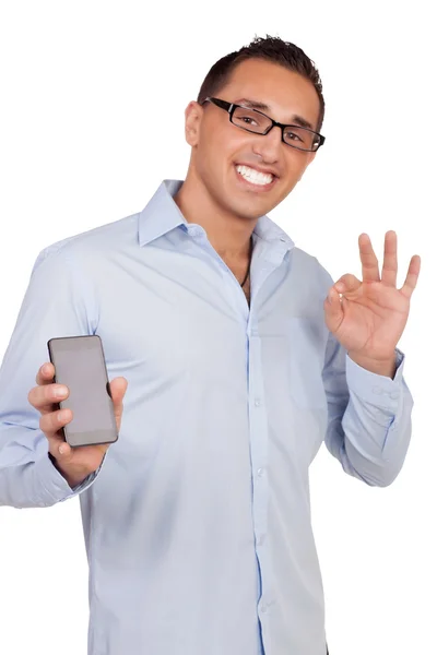 Mann hält Handy und macht eine perfekte Geste — Stockfoto