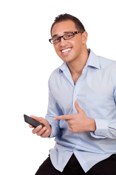 Happy man pointing to his mobile phone Stock Image